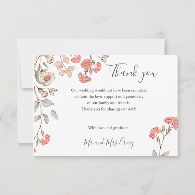 Blush flower bunch Wedding thank you Card (Front)