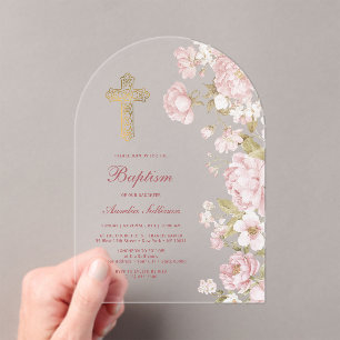 Blush Flowers Arch Baptism Acrylic Invitations