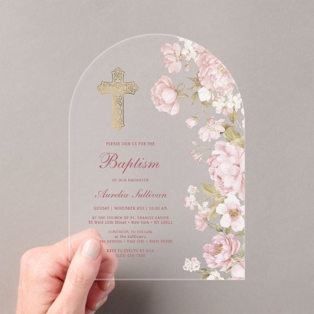 Blush Flowers Arch Baptism Acrylic Invitations (Insitu (Handheld))