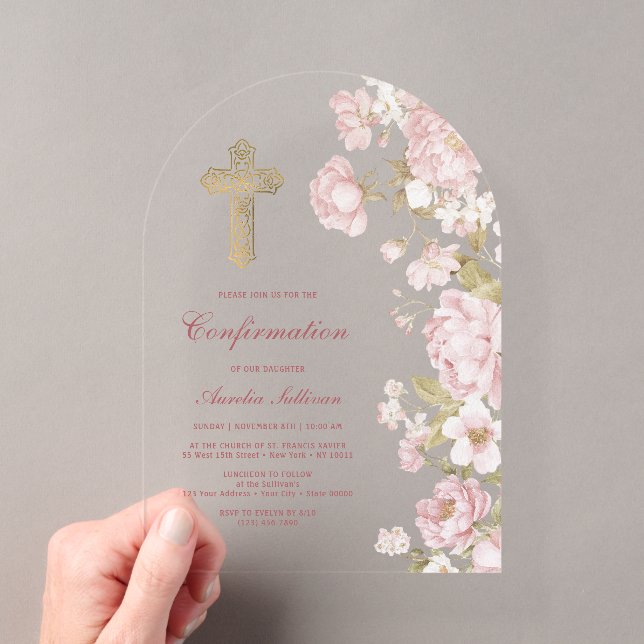 Blush Flowers Arch Confirmation Acrylic Invitations (Insitu (Handheld))