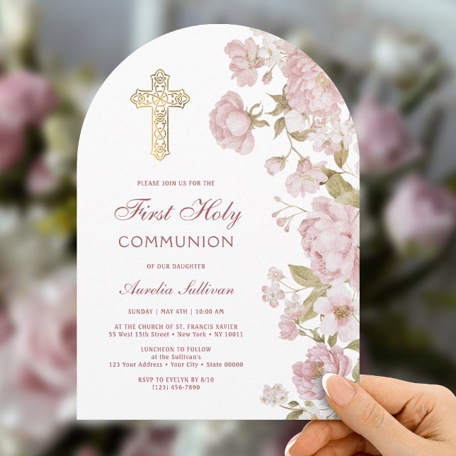 Blush Flowers Arch First Communion Invitation (Creator Uploaded)