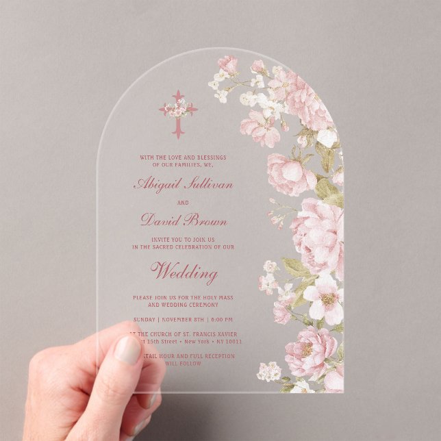 Blush Flowers Arch Religious Wedding Acrylic Invitations (Insitu (Handheld))