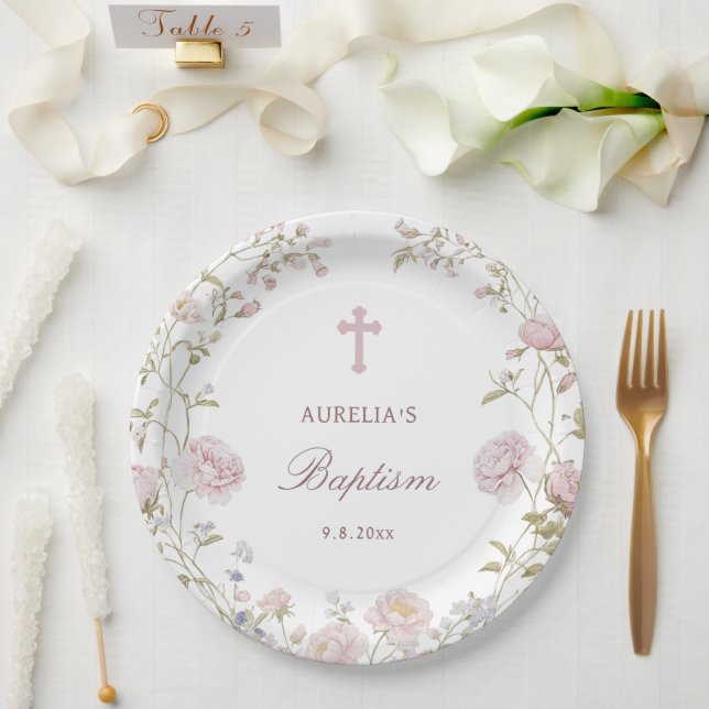Blush Flowers Baptism Paper Plate (Wedding)