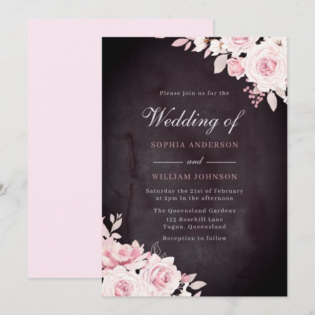 Blush Flowers & Burgundy Watercolor Wedding Invitation (Front/Back)