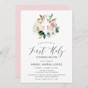 blush flowers cross first communion invitation