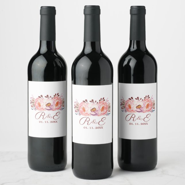 Blush Flowers Custom Wedding Beverage Label Set (Bottles)