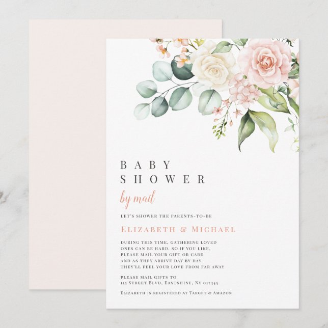 Blush Flowers Eucalyptus Baby Shower By Mail Invitation (Front/Back)
