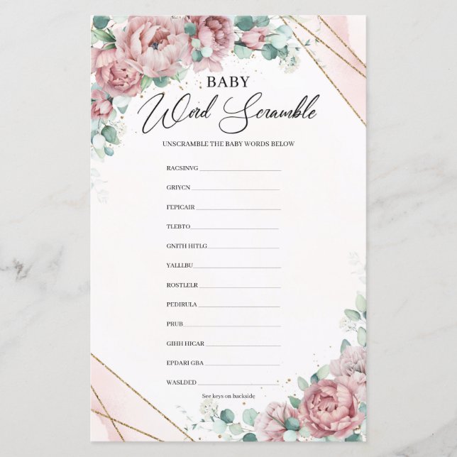 Blush flowers eucalyptus gold Baby Word Scramble (Front)