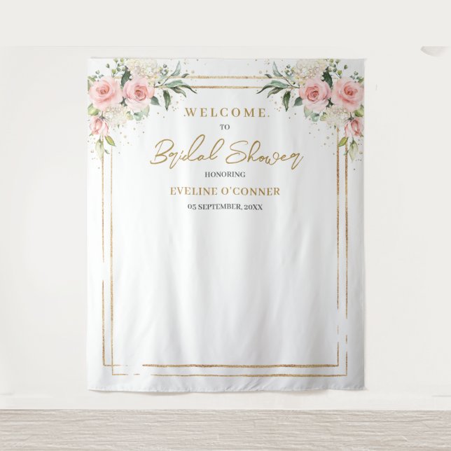 Blush flowers eucalyptus gold Bridal Shower Tapestry (Front)