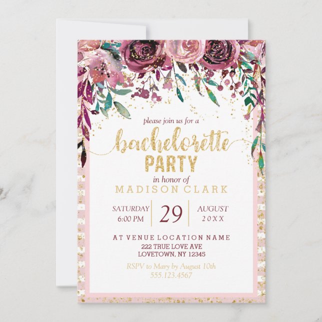Blush Flowers Gold Bachelorette Party Invitation (Front)