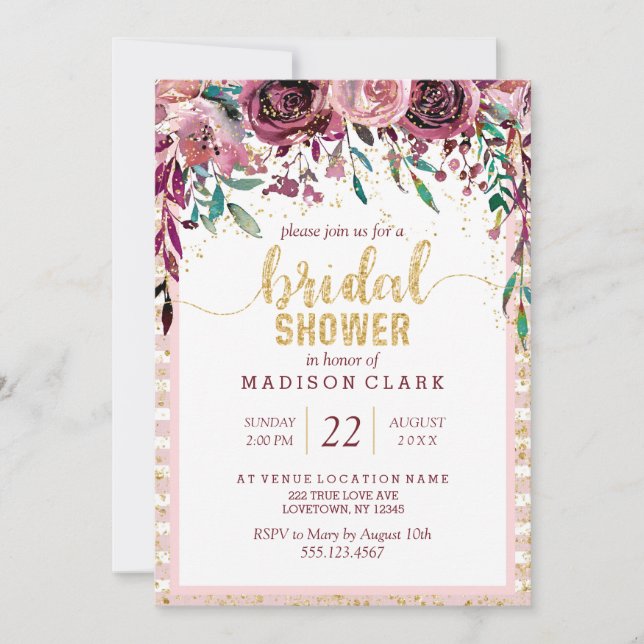 Blush Flowers & Gold Bridal Shower Invitation (Front)