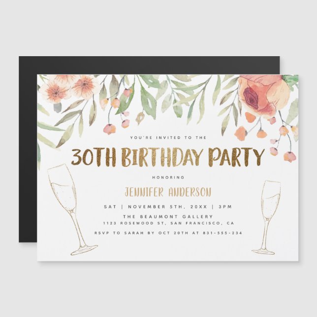 Blush Flowers & Gold Champagne 30th Birthday Magnetic Invitation (Front/Back)