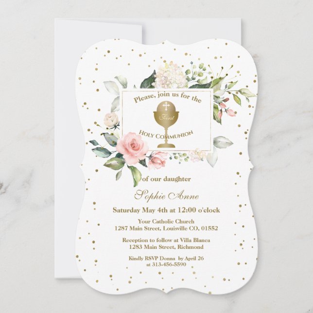Blush Flowers Gold Confetti Girl Holy Communion Invitation (Front)