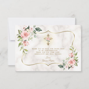 Blush Flowers Gold Cross Marble Confirmation Thank You Card