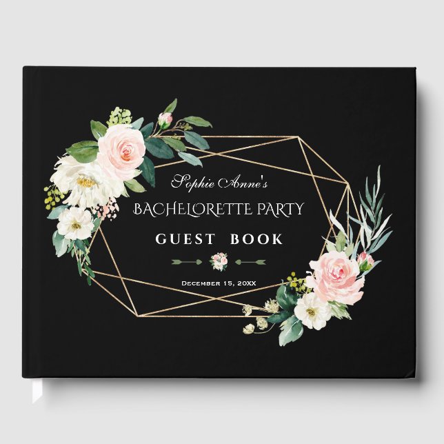 Blush Flowers Gold Frame Black Bachelorette Party Guest Book (Front)
