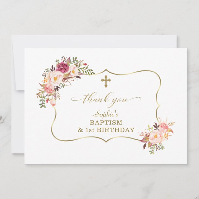 Blush Flowers Gold Girl 1st Birthday Baptism Thank You Card (Front)