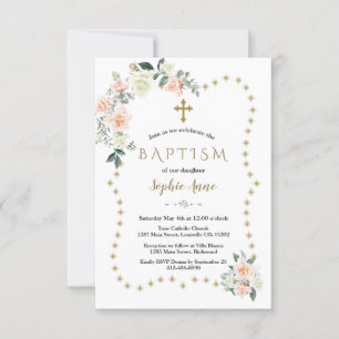 Blush Flowers Gold Glitter Sparkles Girl Baptism Invitation