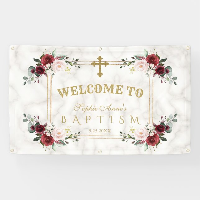 Blush Flowers Gold Marble Baptism Welcome Sign (Horizontal)