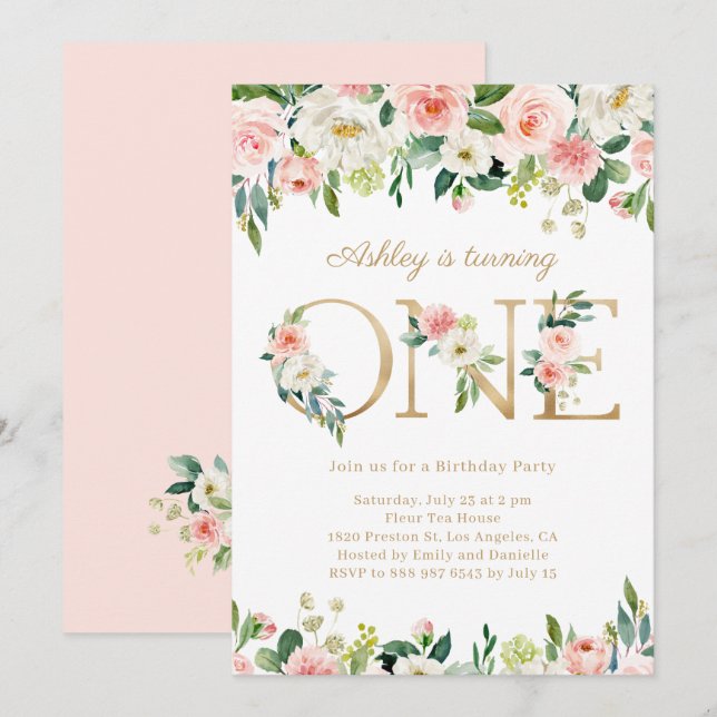 Blush Flowers Gold ONE Floral First Birthday Invitation (Front/Back)