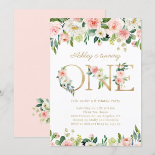 Blush Flowers Gold ONE Floral First Birthday Invitation