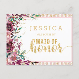 Blush Flowers Gold Will You Be My Maid of Honour Invitation