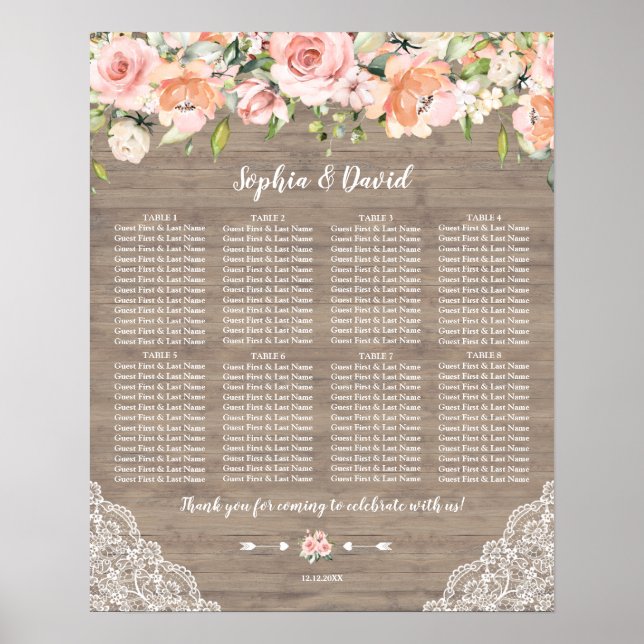 Blush Flowers Lace Wood Wedding Seating Chart (Front)