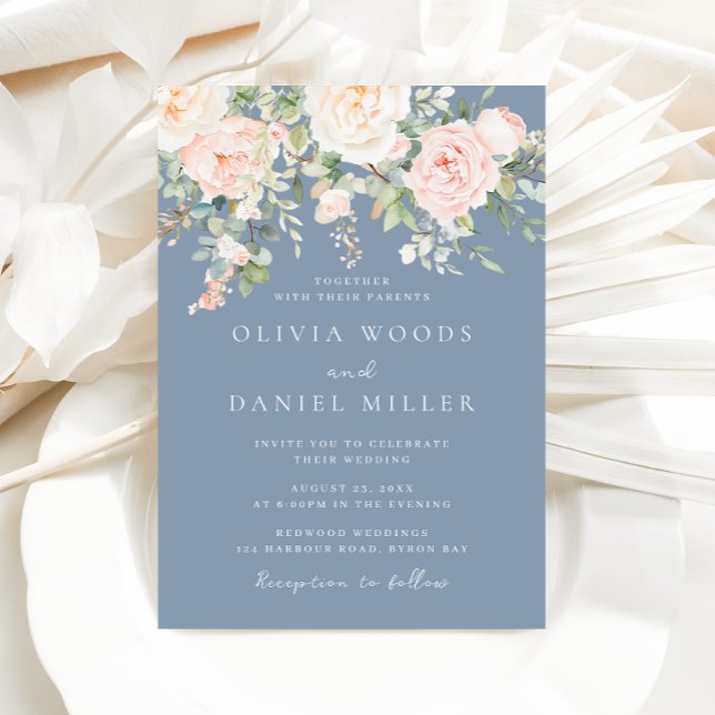 Blush Flowers Modern Elegance Dusty Blue Wedding Invitation (Creator Uploaded)
