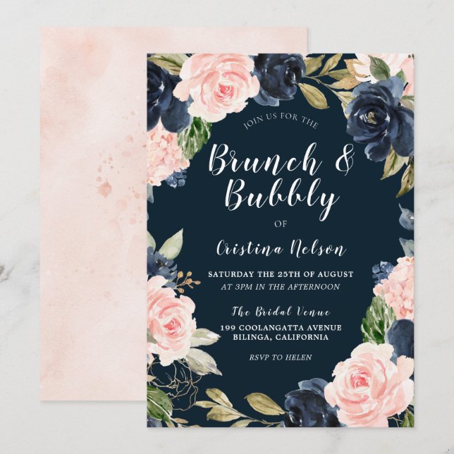 Blush Flowers & Navy Brunch & Bubbly Bridal Shower Invitation (Front/Back)