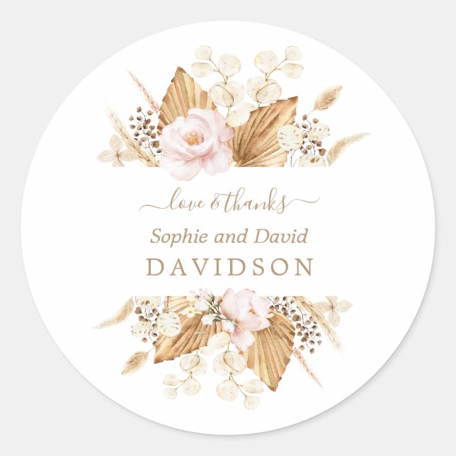 Blush Flowers Pampas Grass Dried Palm Wedding  Classic Round Sticker (Front)