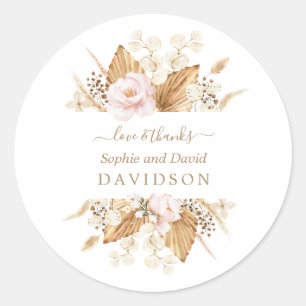 Blush Flowers Pampas Grass Dried Palm Wedding  Classic Round Sticker