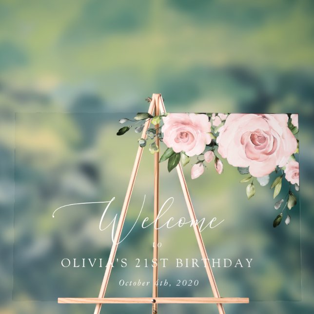 Blush Flowers, Pink Flowers, Birthday Welcome Acrylic Sign (Neutral)