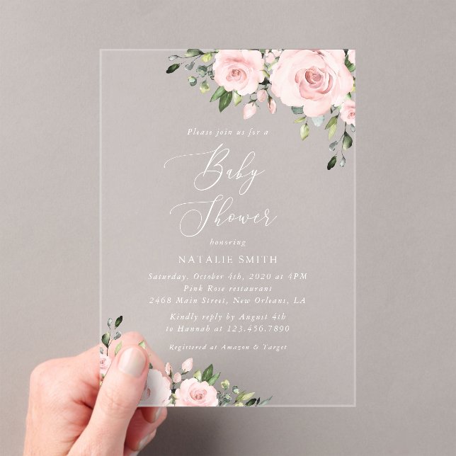 Blush Flowers, Pink Flowers, Boho, Baby Shower Acrylic Invitations (Insitu (Handheld))