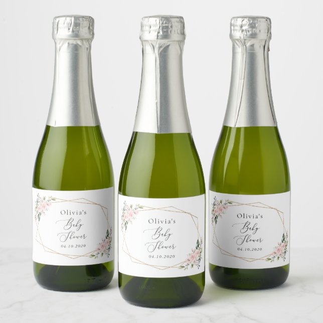Blush Flowers, Pink Flowers, Boho, Baby Shower Sparkling Wine Label (Bottles)
