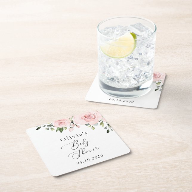 Blush Flowers, Pink Flowers, Boho, Baby Shower Square Paper Coaster (Insitu)