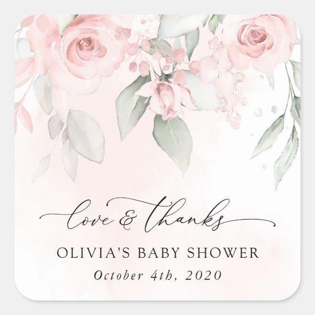 Blush Flowers, Pink Flowers, Boho, Baby Shower Square Sticker (Front)