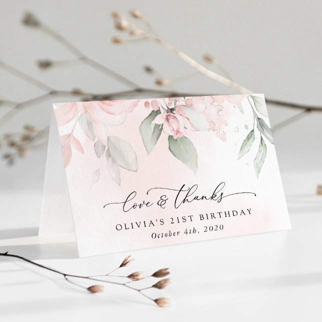 Blush Flowers, Pink Flowers, Boho, Birthday Thank You Card (Creator Uploaded)