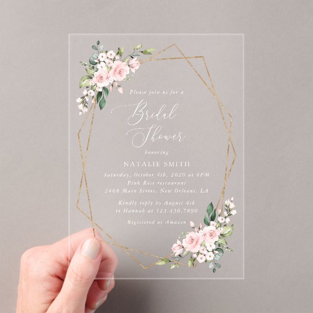 Blush Flowers, Pink Flowers, Boho, Bridal Shower Acrylic Invitations (Insitu (Handheld))