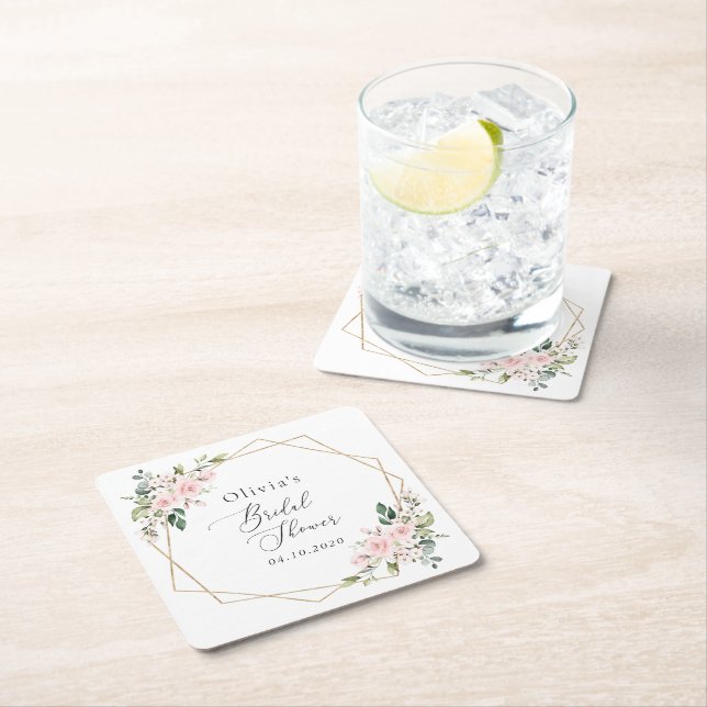 Blush Flowers, Pink Flowers, Boho, Bridal Shower Square Paper Coaster (Insitu)