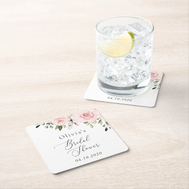Blush Flowers, Pink Flowers, Boho, Bridal Shower Square Paper Coaster (Insitu)