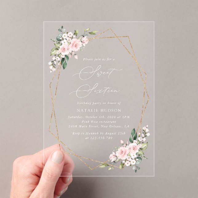 Blush Flowers, Pink Flowers, Boho, Sweet 16 Acrylic Invitations (Insitu (Handheld))