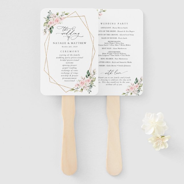 Blush Flowers, Pink Flowers, Boho, Wedding Program Hand Fan (Front and Back)