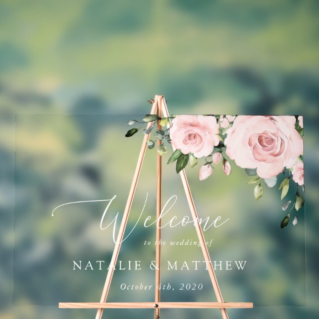 Blush Flowers, Pink Flowers, Boho, Wedding Welcome Acrylic Sign (Neutral)
