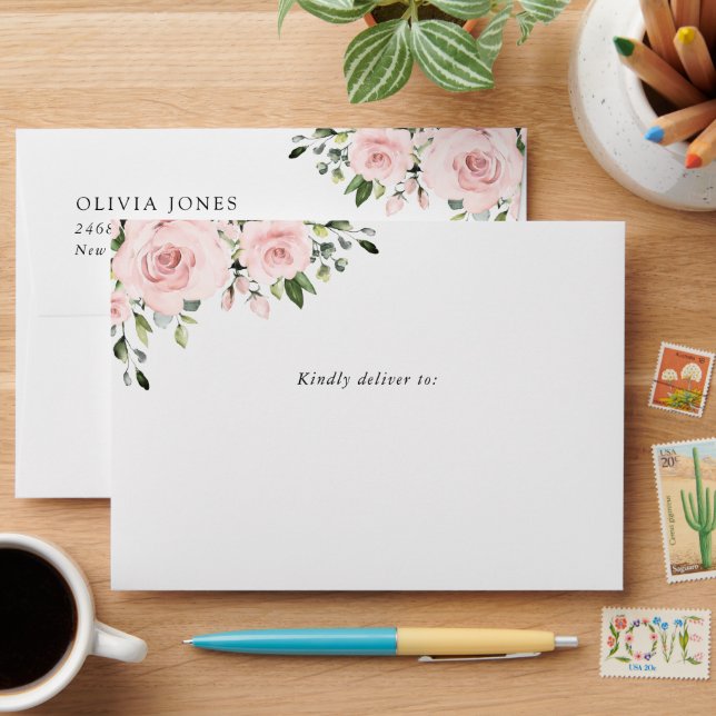 Blush Flowers, Pink Flowers, Greenery, Birthday Envelope (Desk)