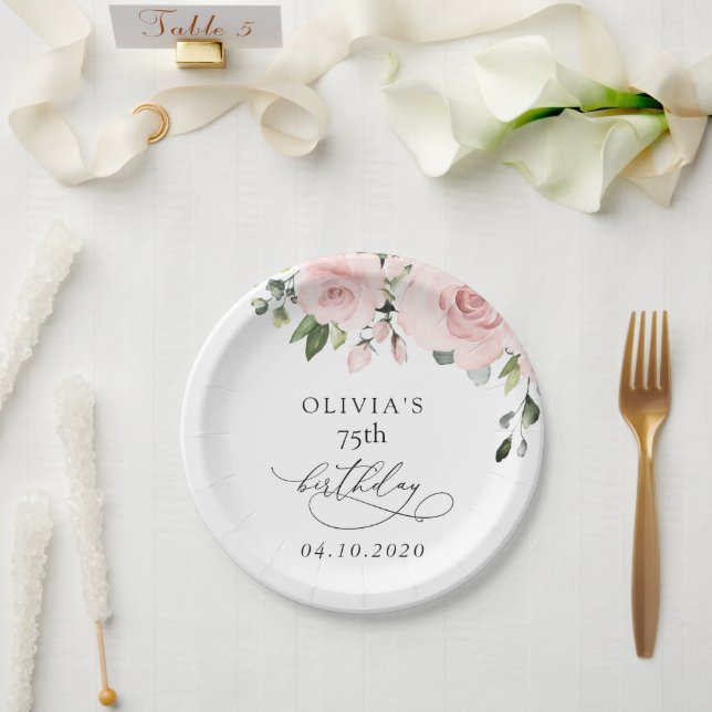Blush Flowers, Pink Flowers, Greenery, Birthday Paper Plate (Wedding)