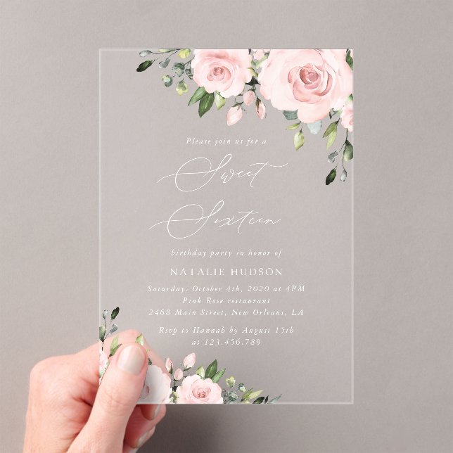 Blush Flowers, Pink Flowers, Greenery, Sweet 16 Acrylic Invitations (Insitu (Handheld))