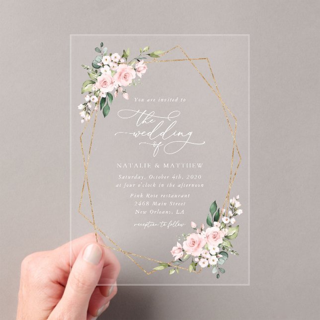 Blush Flowers, Pink Flowers, Greenery, Wedding Acrylic Invitations (Insitu (Handheld))