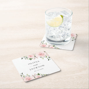 Blush Flowers, Pink Flowers, Greenery, Wedding Square Paper Coaster