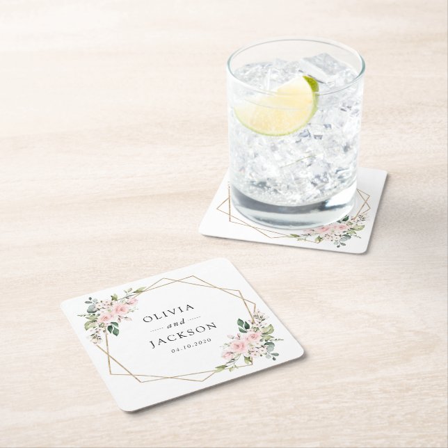 Blush Flowers, Pink Flowers, Greenery, Wedding Square Paper Coaster (Insitu)