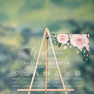 Blush Flowers, Pink Flowers, Wedding Timeline Acrylic Sign