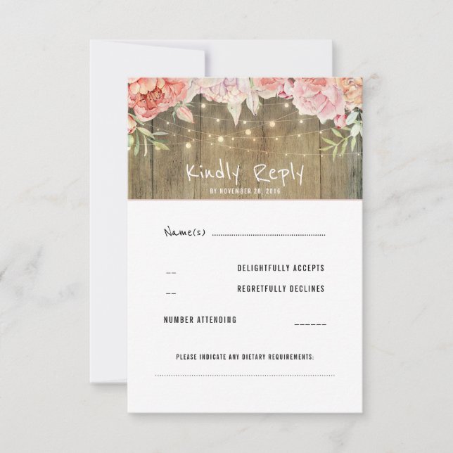 Blush Flowers Rustic String Lights Wedding RSVP Card (Front)
